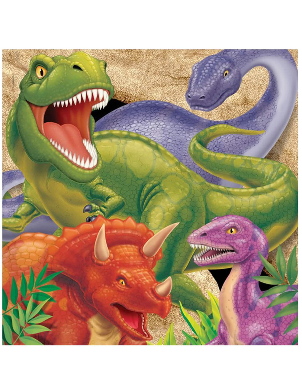 șervețele de hârtie aniversare Dinosaures multicolores cu T-Rex și Tricératops