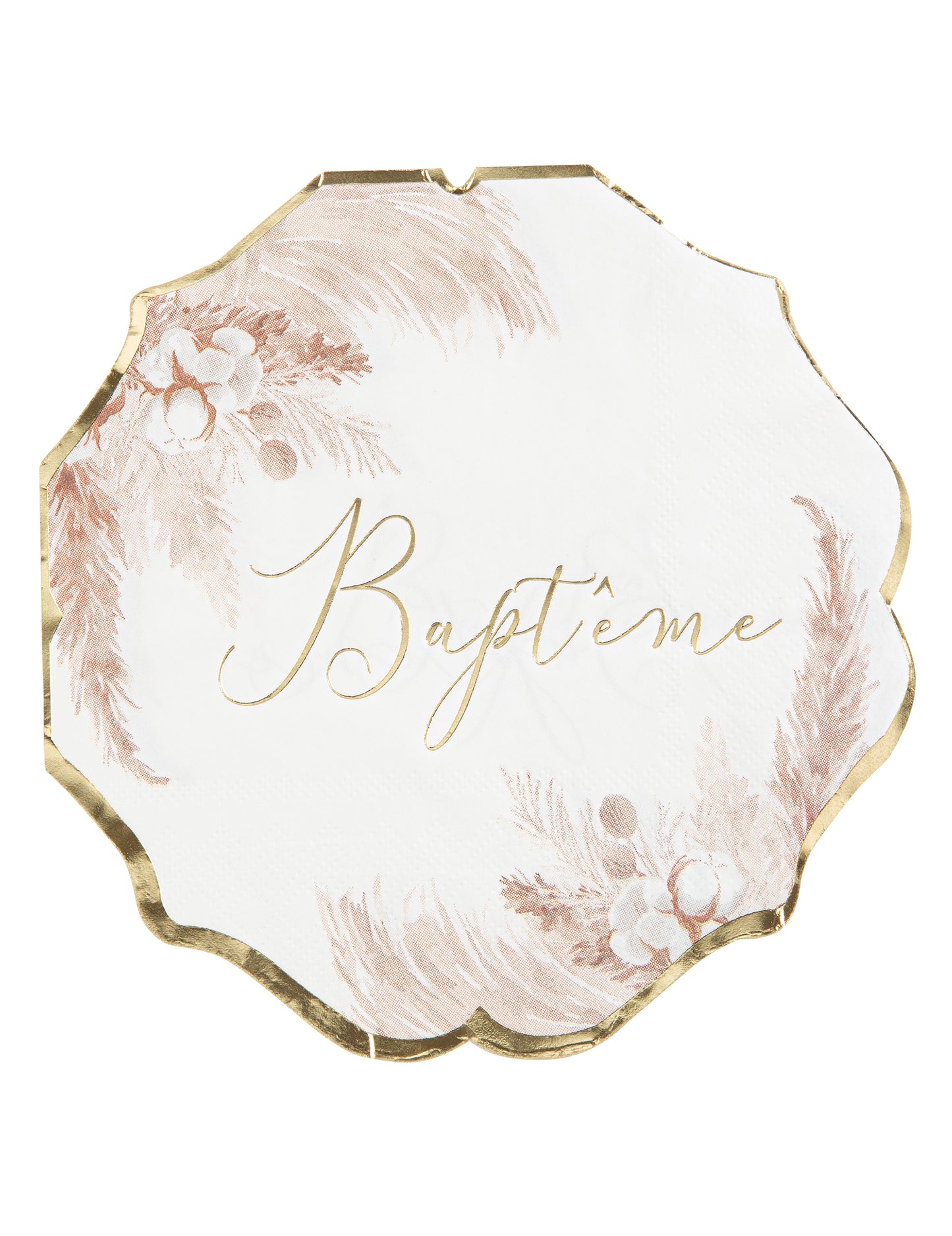Serviettes en papier pampas et fleurs de coton pour baptême dorées