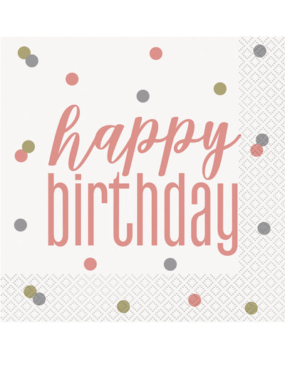 Serviettes en papier Happy Birthday pour anniversaire blanches et rose gold