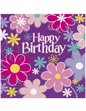 Serviettes en papier Happy Birthday fleurs pour anniversaire violettes