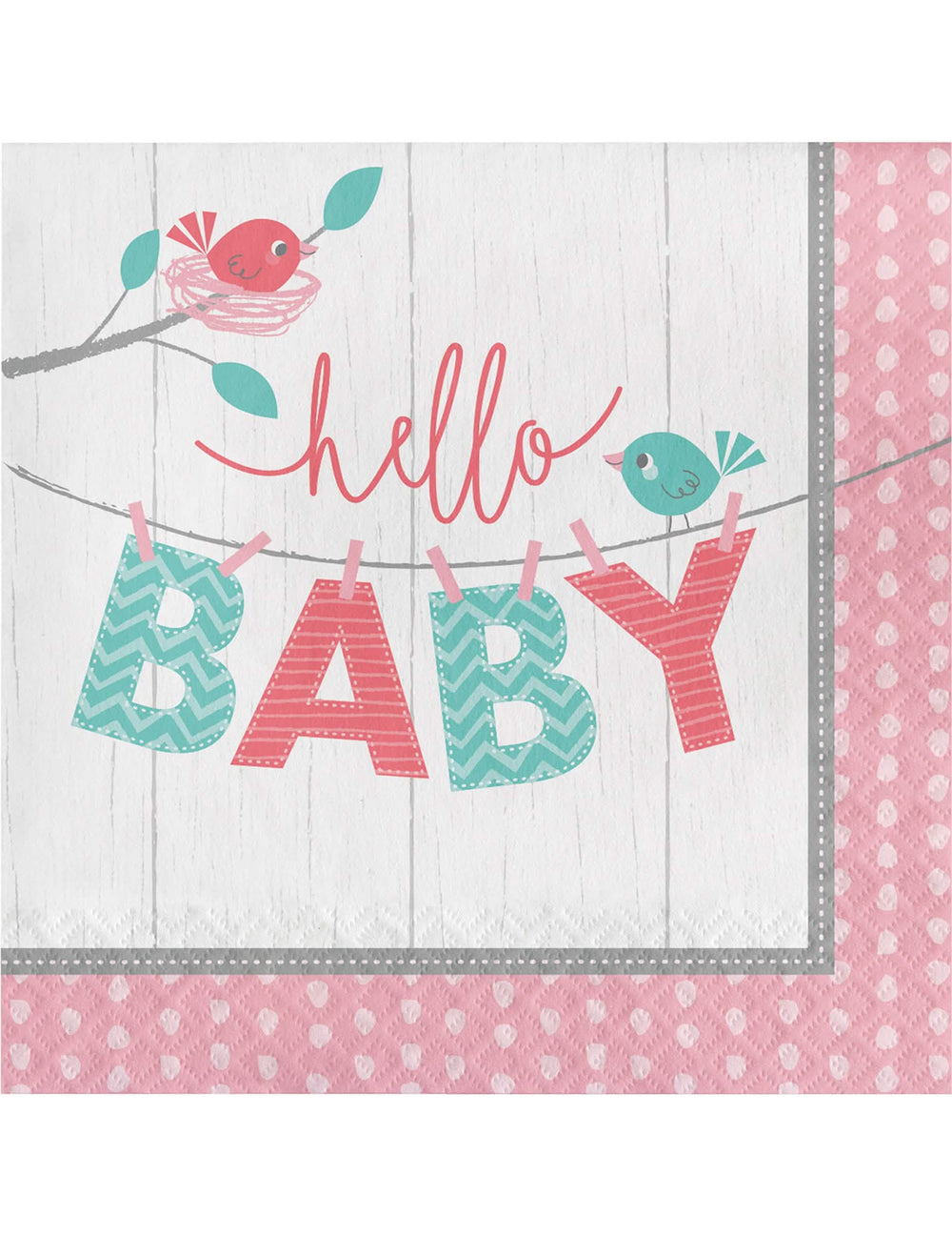 șervețele de hârtie Hello Baby pentru botez, roz, cu păsări și cuib