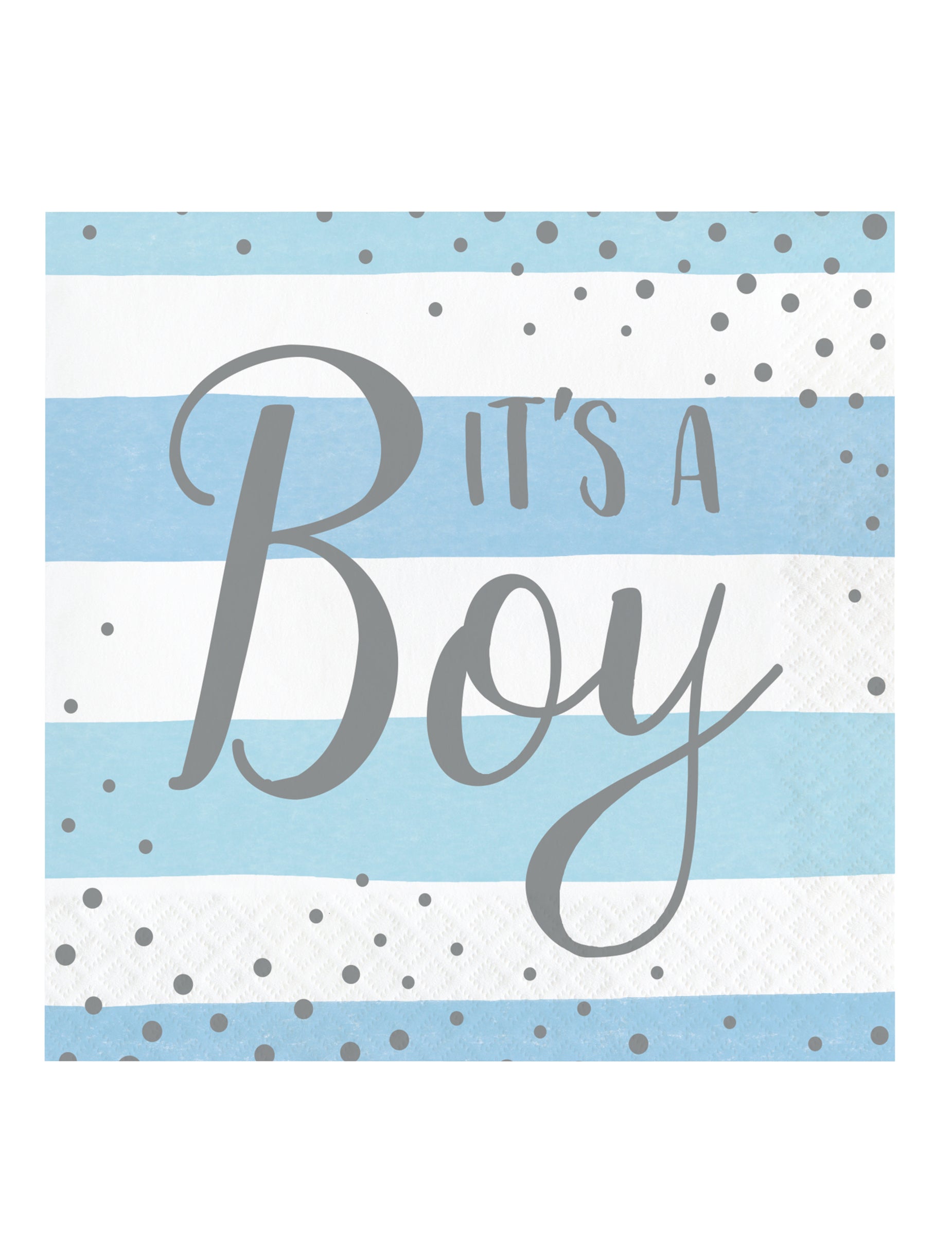 Serviettes en papier It's a boy pour baby shower bleu et blanc à rayures et pois argent