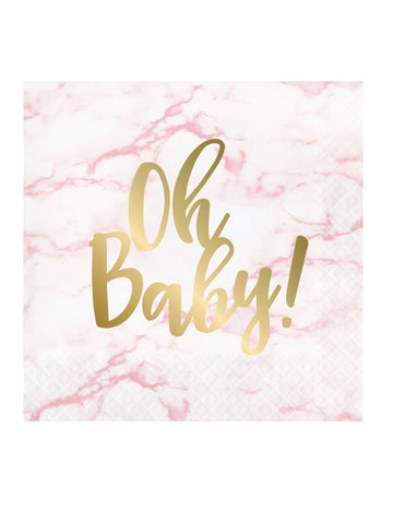 16 șervețele de hârtie marmorată roz cu imprimeu auriu „oh baby”, 33 x 33 cm cm