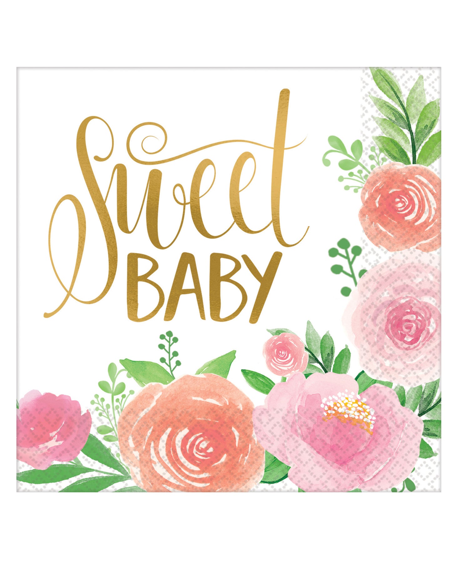 16 șervețele de hârtie Sweet Baby Girl, 33 x 33 cm flori aurii