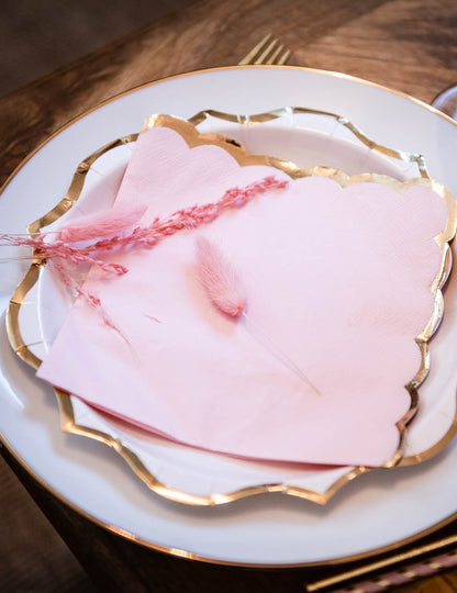 16 șervețele roz pudrat cu margini festonate aurii, 33 x 33 cm hârtie