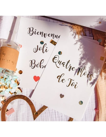 Détail des messages Bienvenue joli Bébé et Quatre Mois de Toi des 18 cartes étapes de grossesse souvenirs baby shower