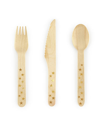18 couverts en bois étoiles dorées 16 cm, vaisselle jetable