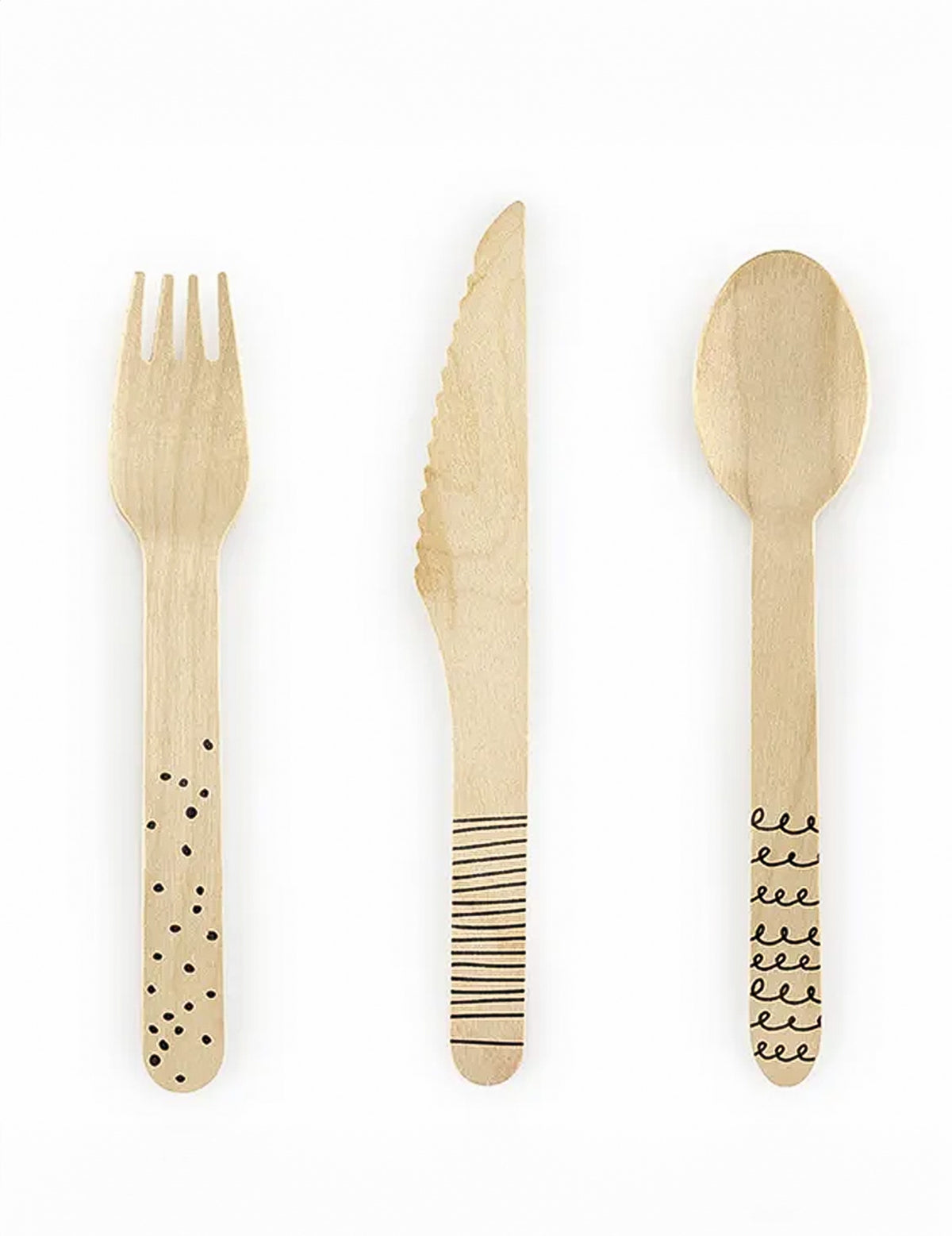 Couverts en bois motifs noirs pour fête originaux bois naturel
