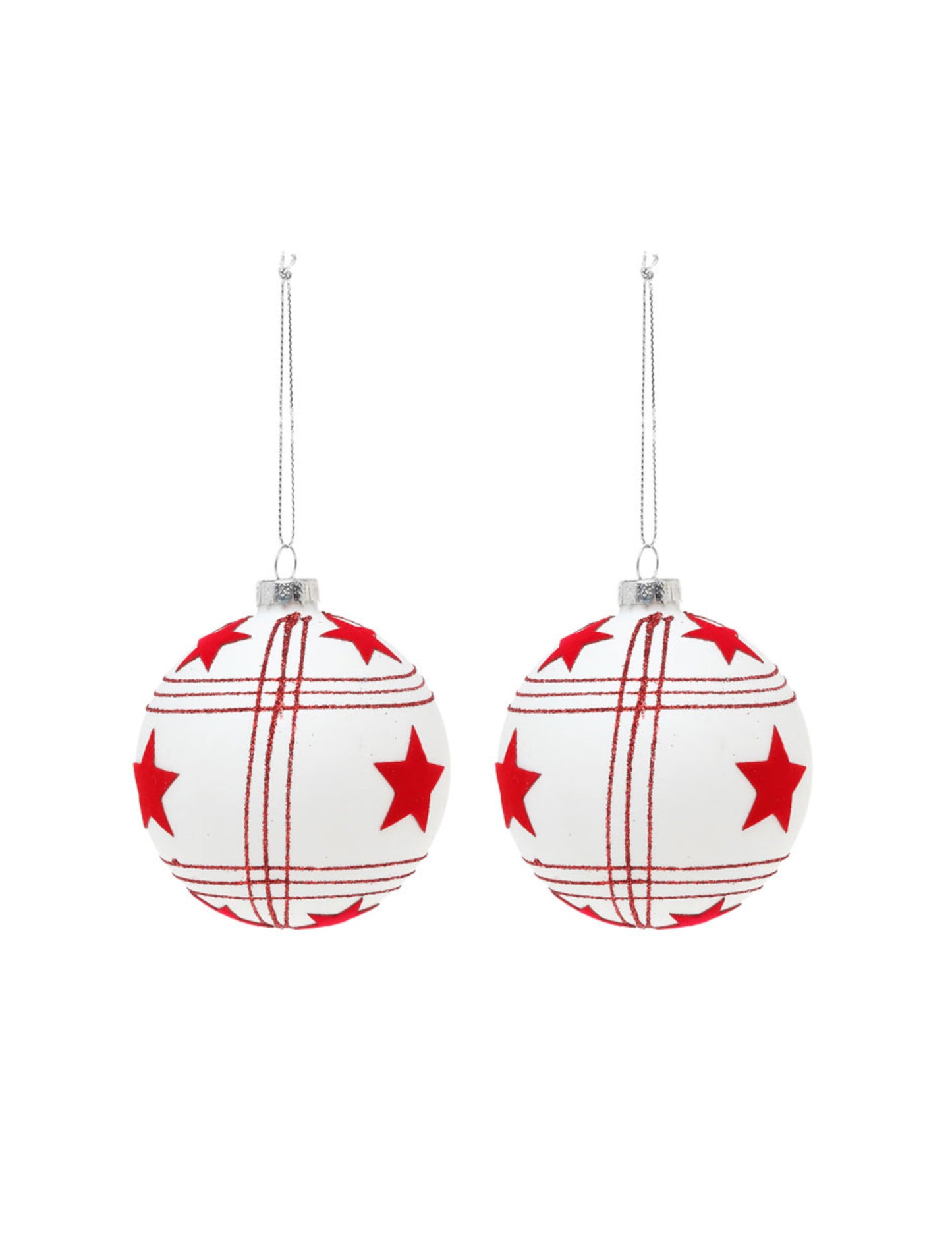 2 globuri din sticlă albe cu stele roșii 8 cm 