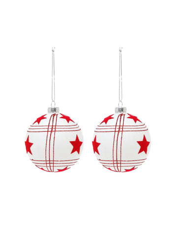 2 globuri din sticlă albe cu stele roșii 8 cm 