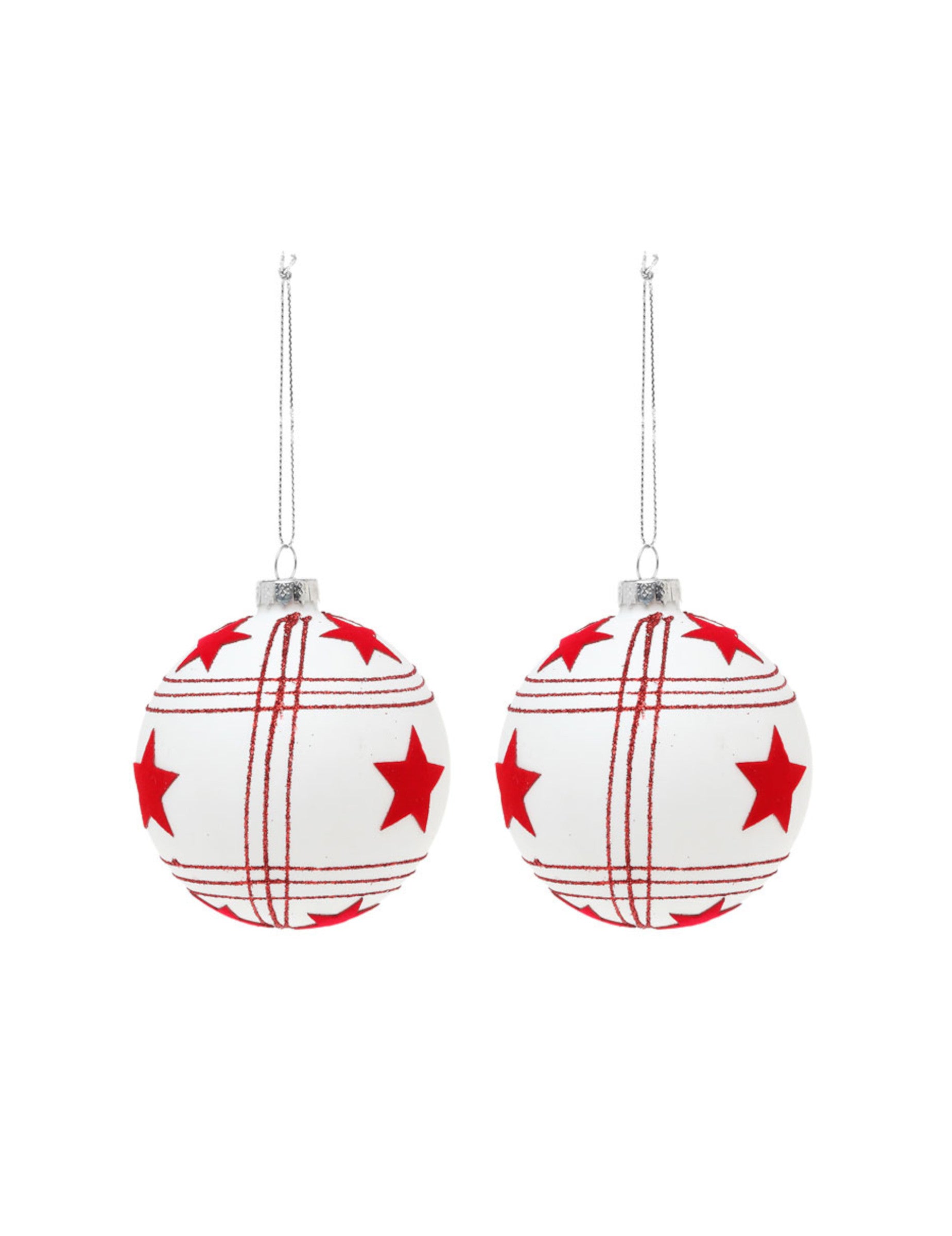 2 boules en verre de Noël avec étoiles rouges pour sapin blanches à motifs quadrillés