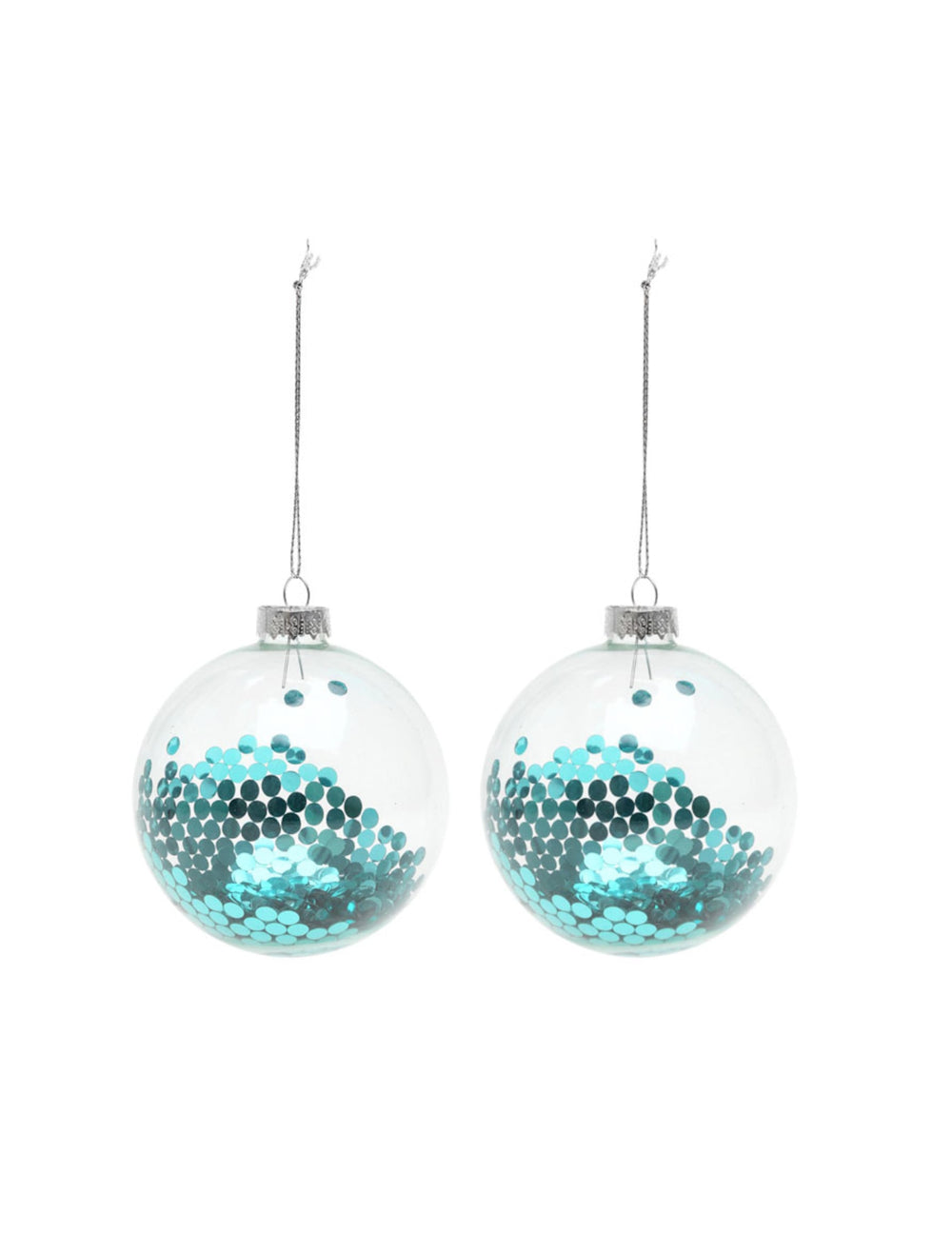 Boules en verre de Noël pour sapin transparentes avec paillettes bleues