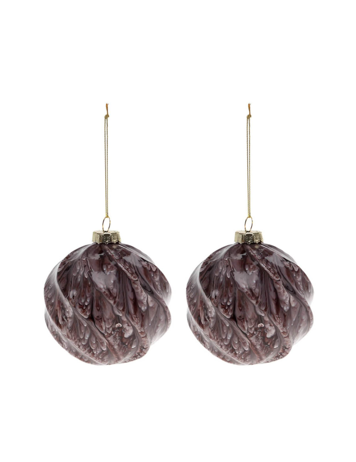 Lot de 2 boules en verre marbrées pour sapin de Noël marron effet écorce