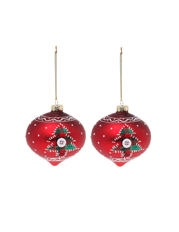 2 globuri roșii din sticlă cu brazi 8 cm 