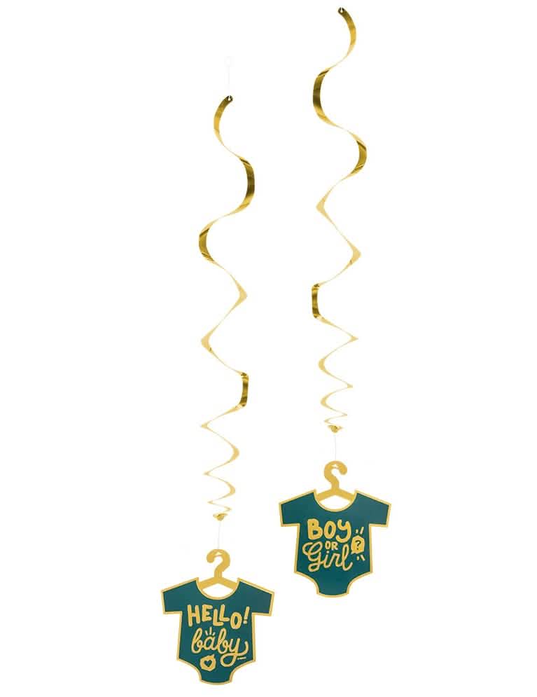 Decorațiuni de agățat Boy or Girl pentru baby shower, spirale aurii și verde