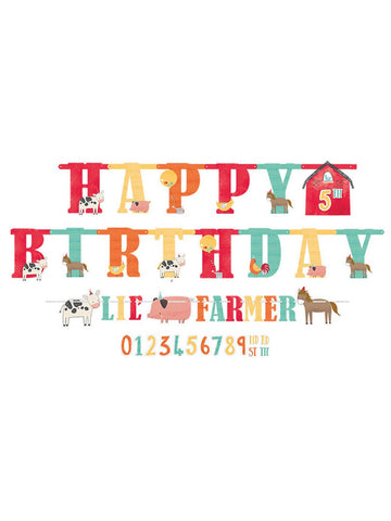 2 ghirlande personalizabile din carton cu mesajul „La mulți ani” și animale de la fermă