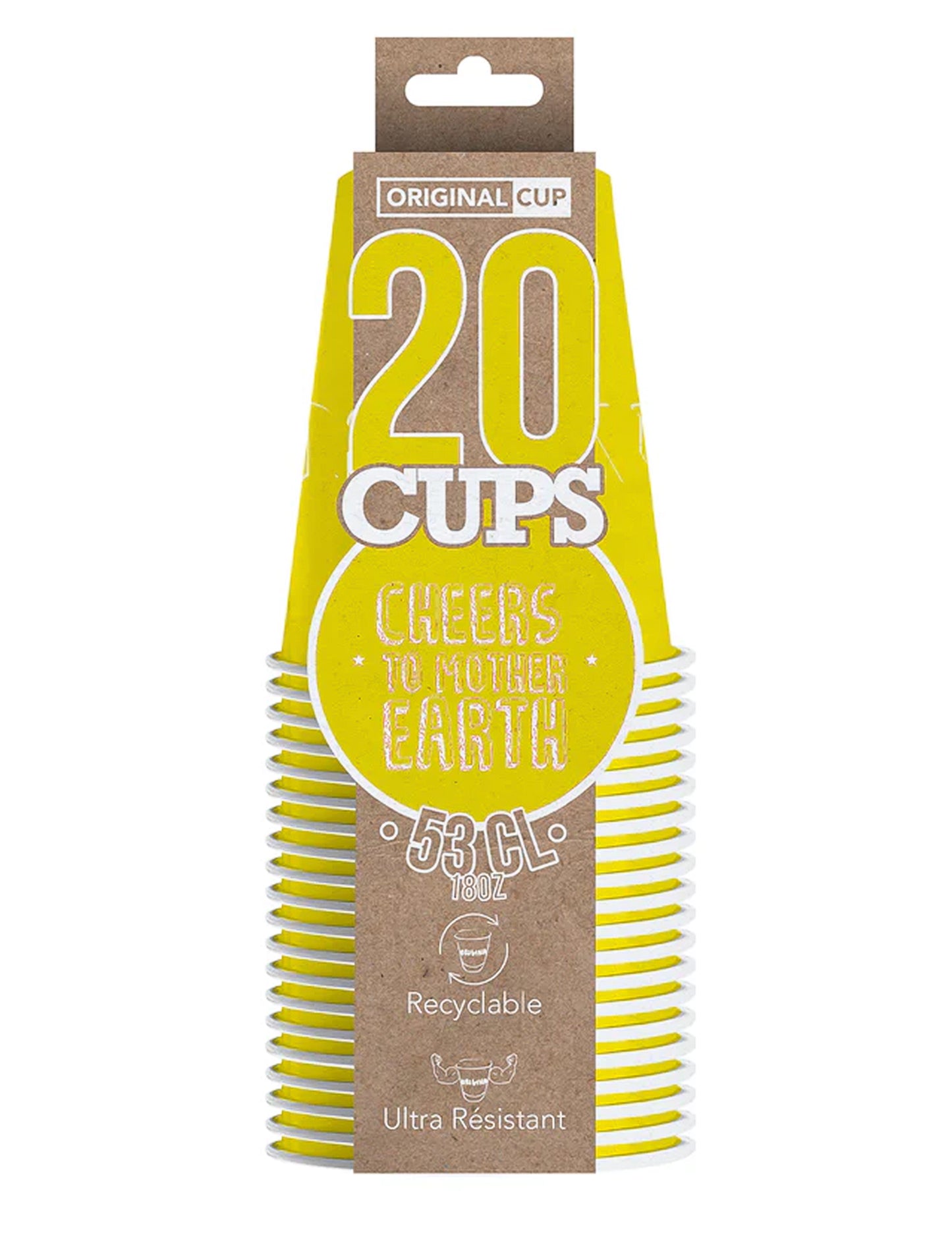 Vue de face du packaging des gobelets américains en carton recyclable pour fête jaunes