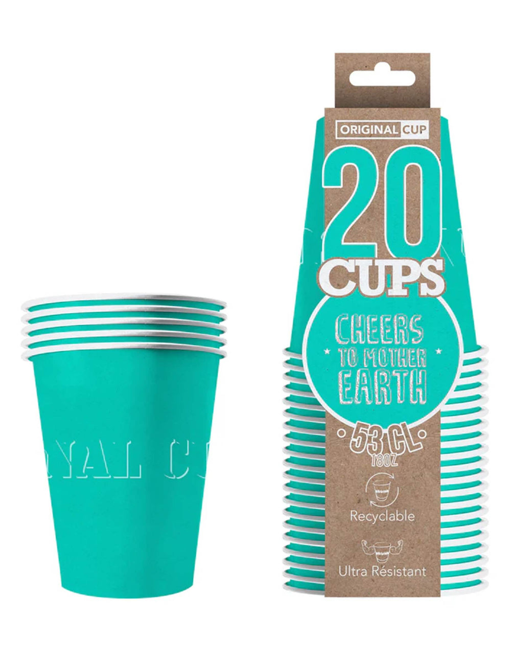 Vedere de ansamblu cu ambalajul paharelor americane din carton reciclabil pentru petrecere turcoaz