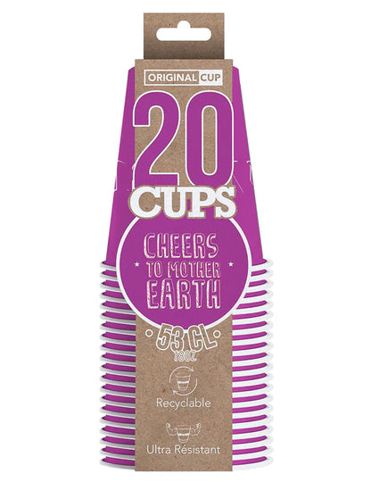 Vue de face de l'emballage des gobelets américains en carton recyclable violets