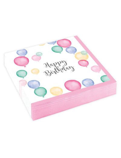 Serviettes en papier Happy Birthday ballons pastel pour fête blanches et roses à motifs aquarelle