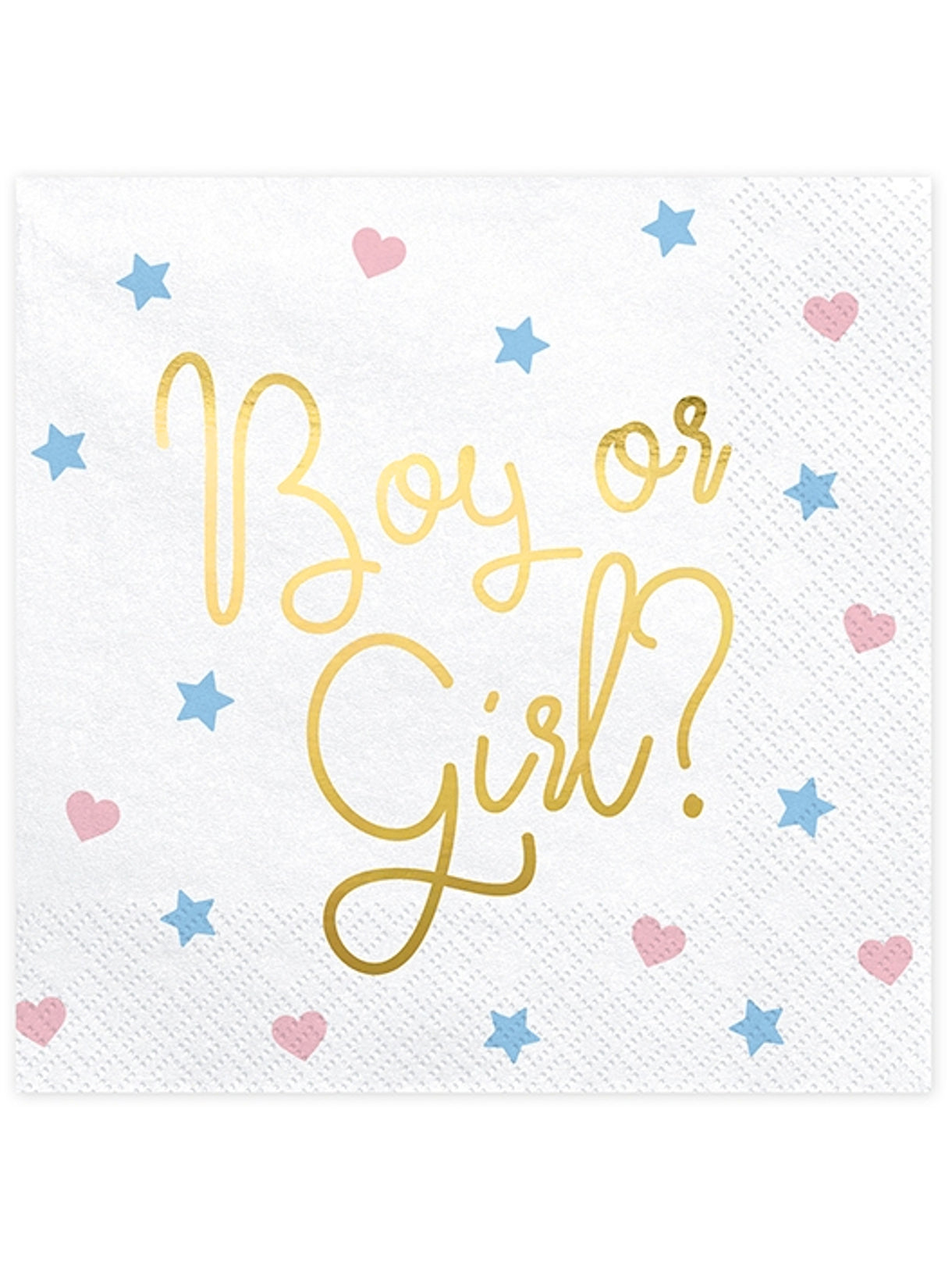 Serviettes en papier Boy or Girl pour baby shower blanches avec inscriptions dorées cœurs et étoiles