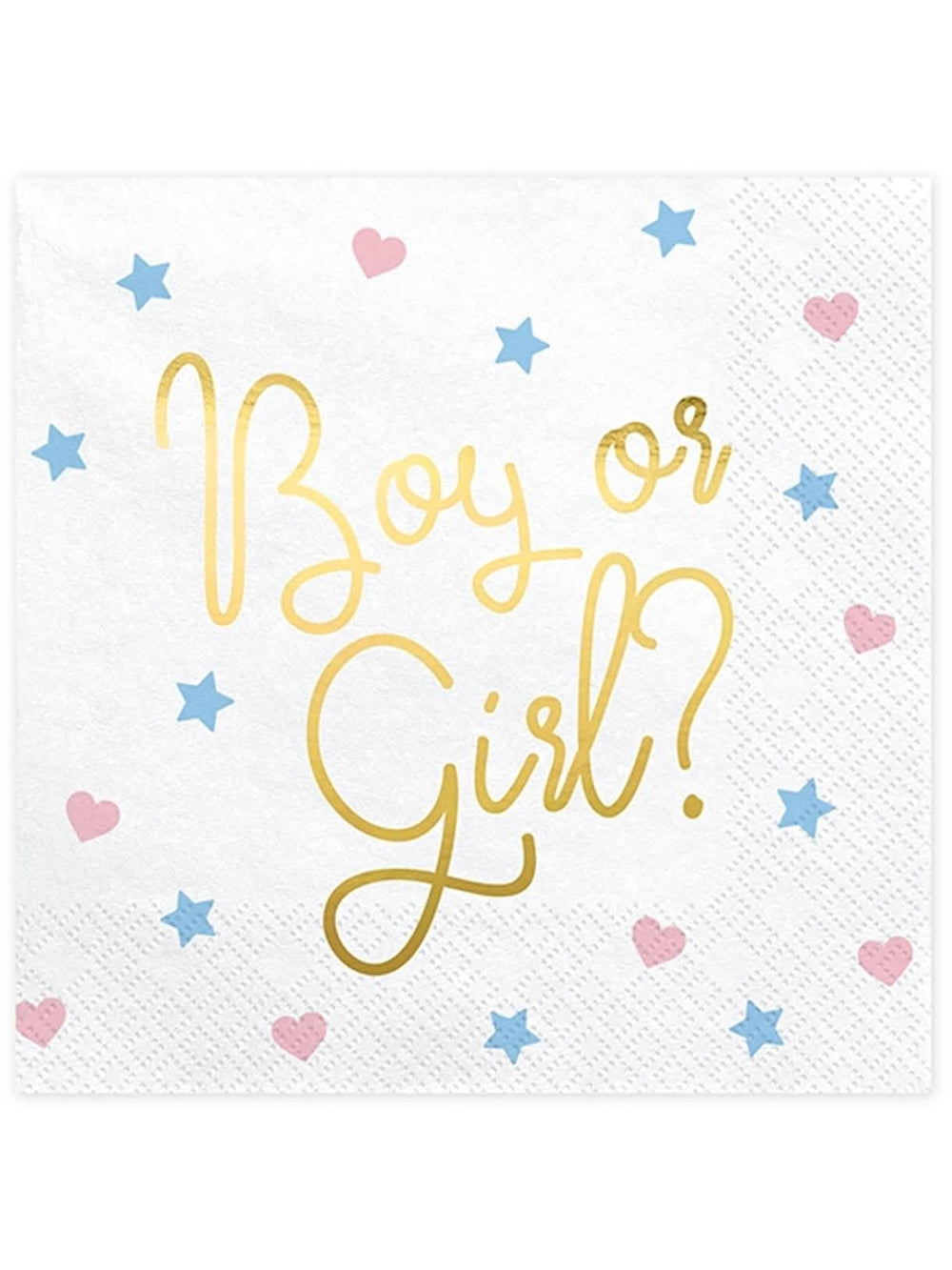 șervețele de hârtie Boy or Girl pentru baby shower albe cu inscripții aurii, inimi și stele
