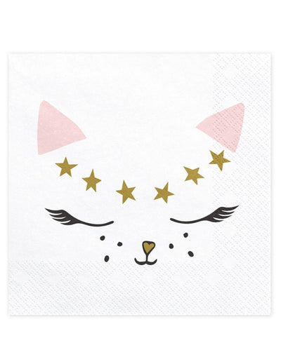 Serviettes en papier chaton blanc avec étoiles dorées et oreilles roses
