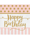 Serviettes en papier Happy Birthday pour anniversaire rose et or à pois et rayures
