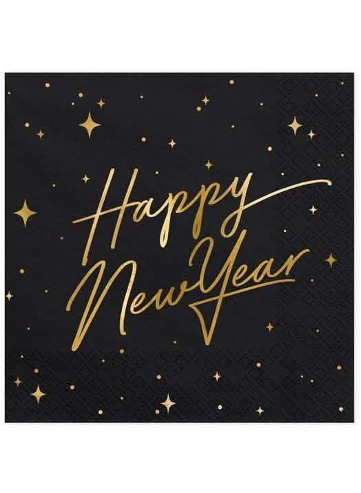 șervețele de hârtie Happy New Year negre și aurii cu decor înstelat