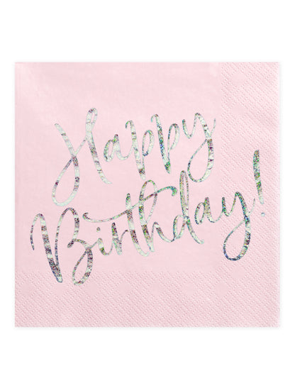 20 serviettes en papier roses happy birthday iridescent 33 x 33 cm pour fête