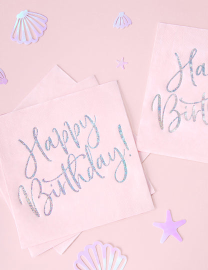20 serviettes en papier roses happy birthday iridescent 33 x 33 cm pour fête