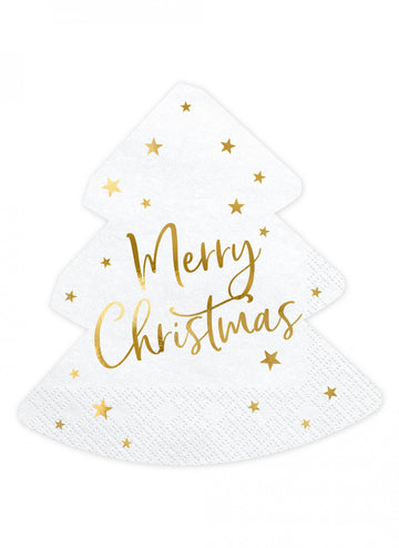 20 șervețele de hârtie cu un model de brad de Crăciun vesel, alb și auriu, 16,5 cm decorativ