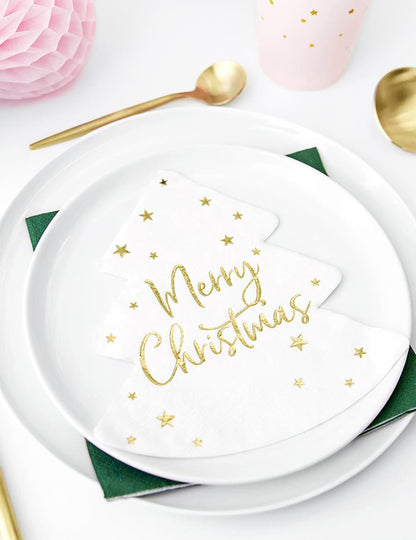 20 șervețele de hârtie cu un model de brad de Crăciun vesel, alb și auriu, 16,5 cm decorativ