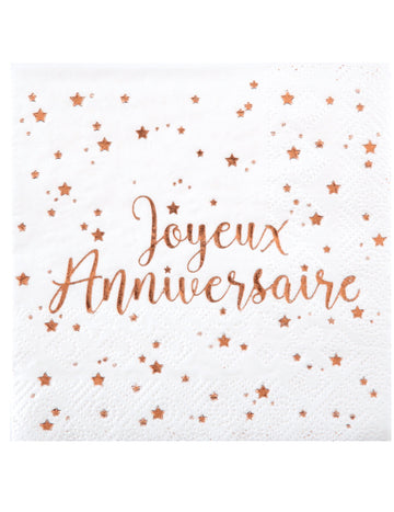 20 serviettes papier joyeux anniversaire rose gold à motifs étoiles roses