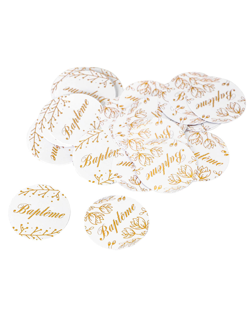 Confettis ronds de baptême pour décoration blancs et fleuris dorés