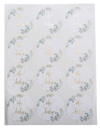 24 de autocolante rotunde cu plante „Oh Baby” și auriu 5 cm