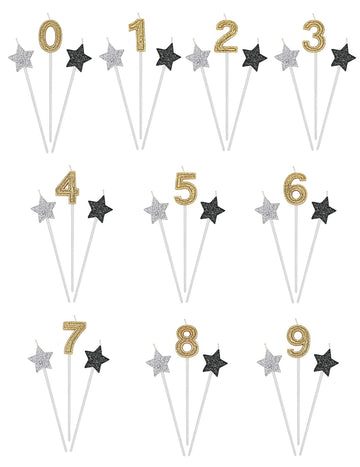 Bougies d'anniversaire chiffre pour gâteau dorées argentées et noires pailletées