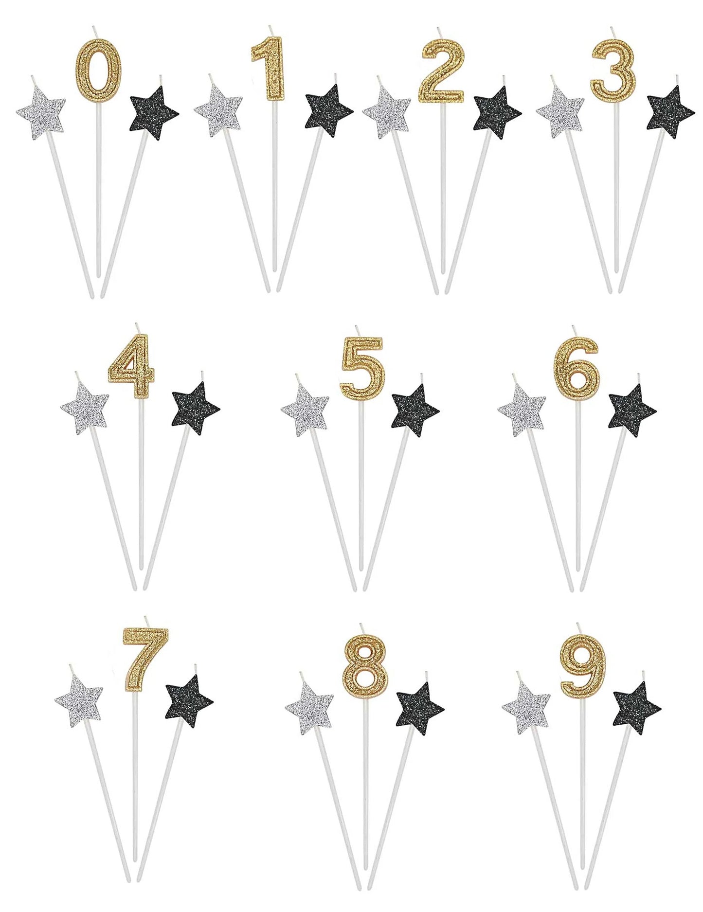 Bougies d'anniversaire chiffre pour gâteau dorées argentées et noires pailletées