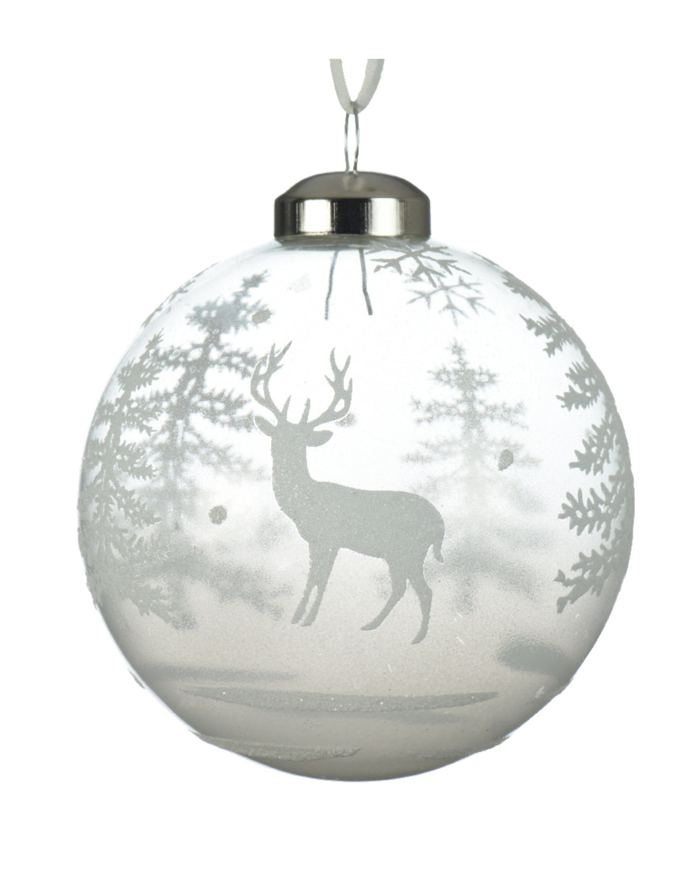 Boule en verre avec motifs enneigés pour sapin transparente et blanche