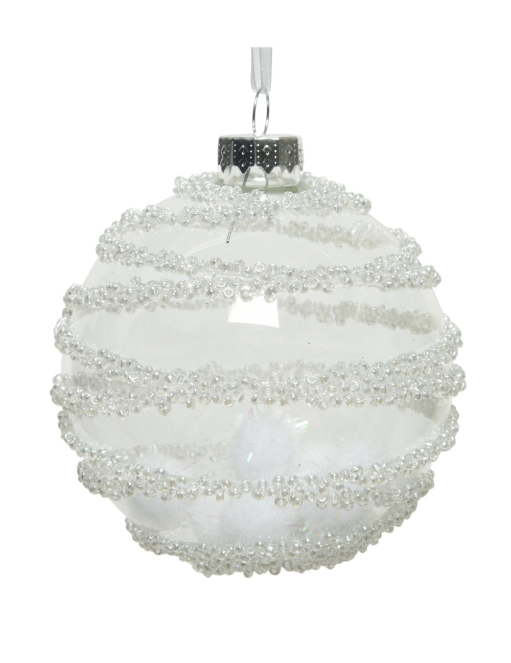 Boule en verre décor neige pour décoration de Noël transparente avec pompons blancs