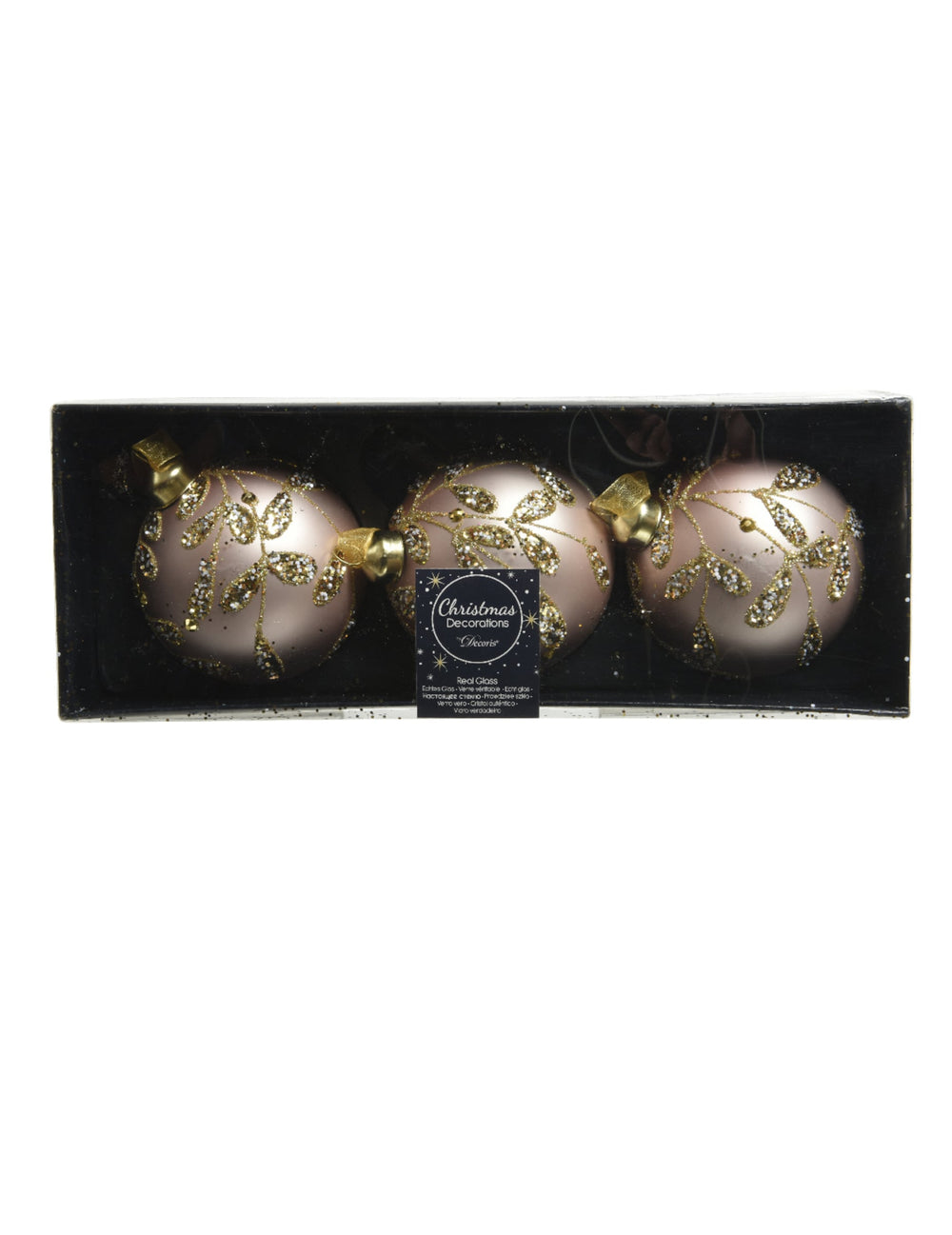 Vue dans leur coffret des boules de noël en verre rose poudré avec feuilles dorées à paillettes