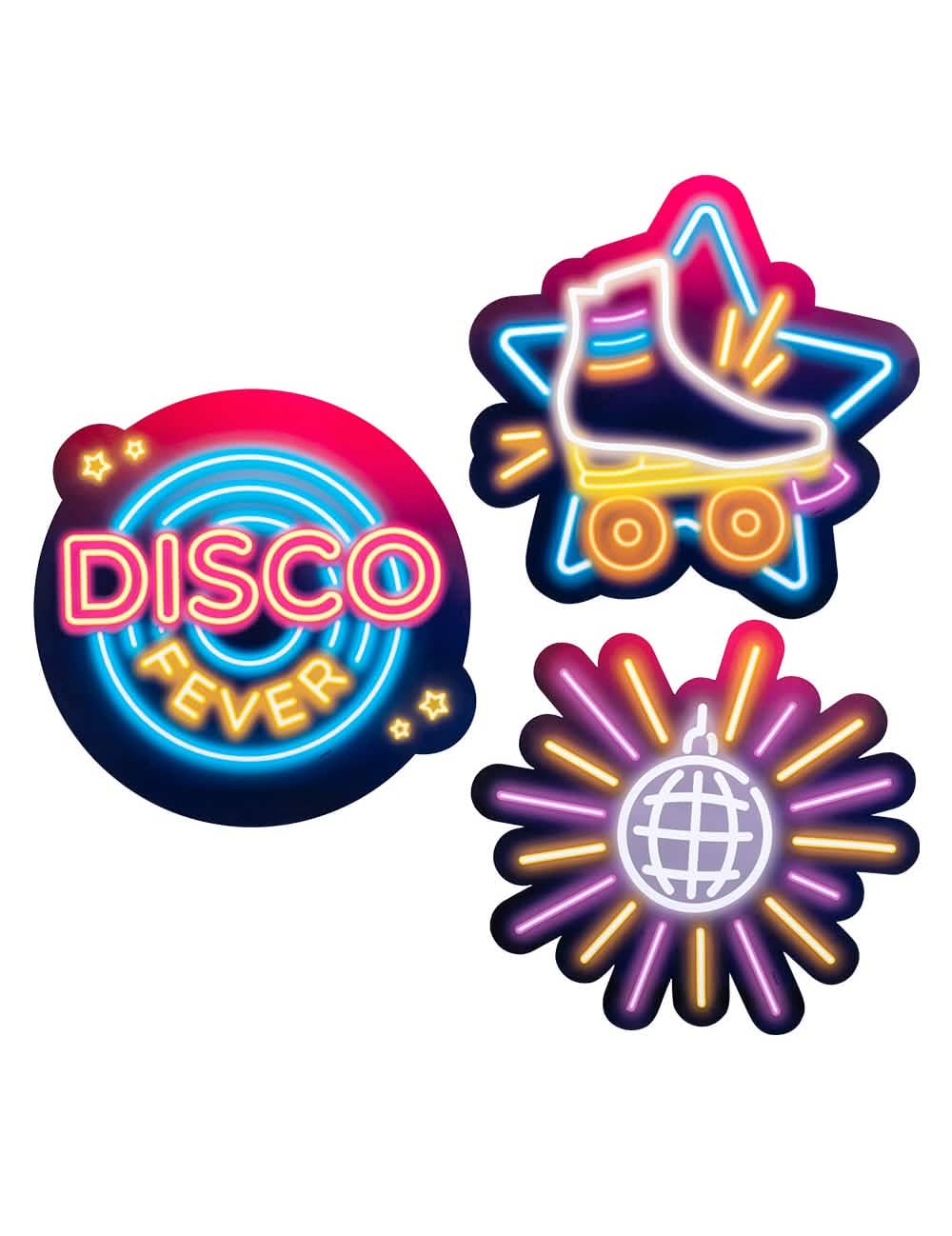 Decorațiuni din carton disco fever pentru petrecere, aspect neon roz și albastru cu patin și bilă