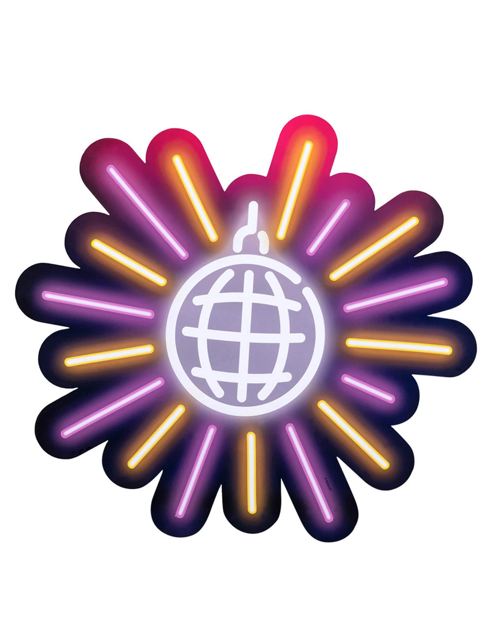 Detaliu al bilei disco cu aspect neon al decorațiunilor din carton disco fever