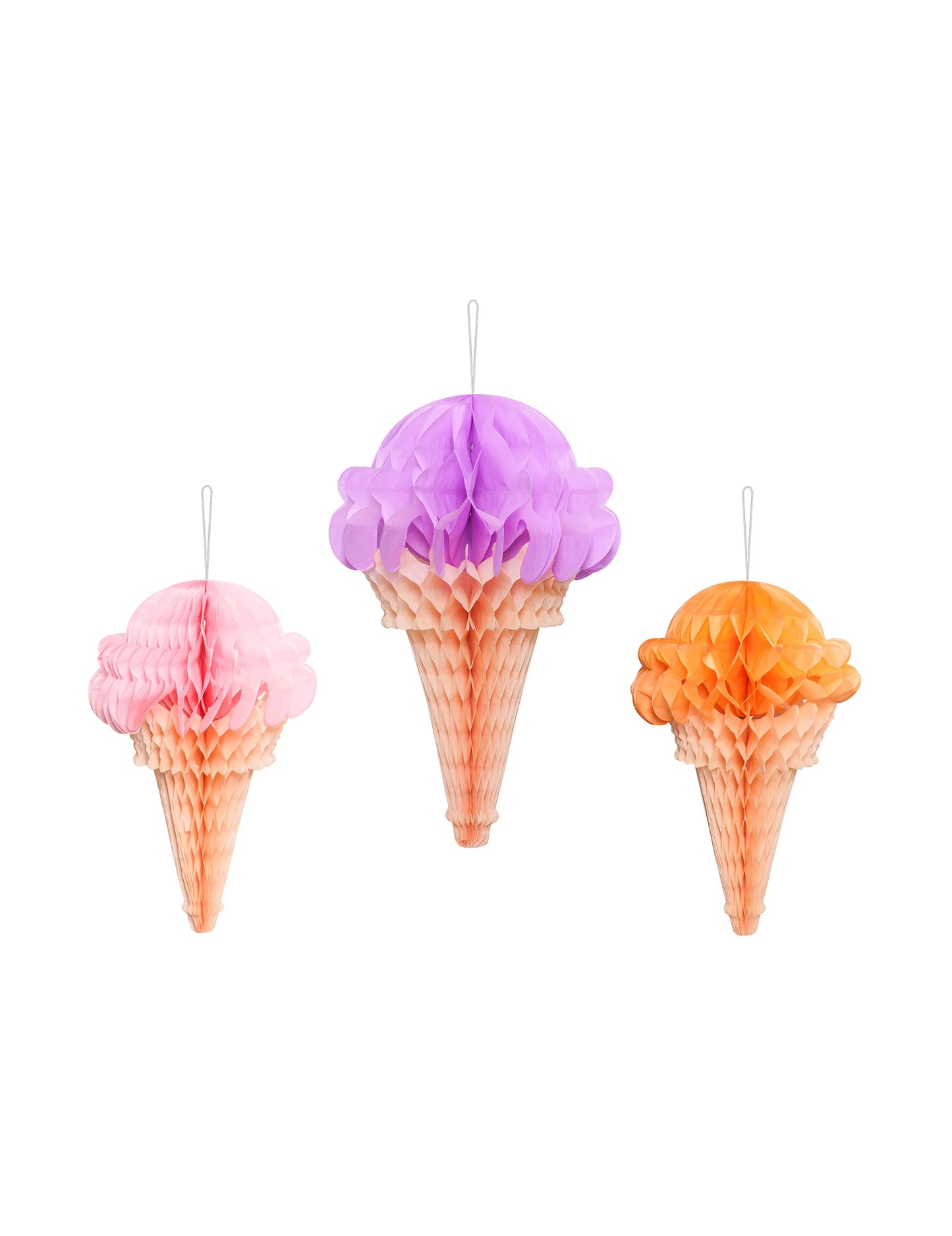 3 Décorations en papier de soie alvéolé cornet de glace 20 à 30 cm
