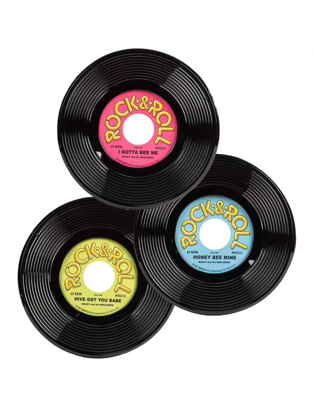 3 discuri de vinil decorațiune rock & roll pentru petrecere negru roz galben și albastru
