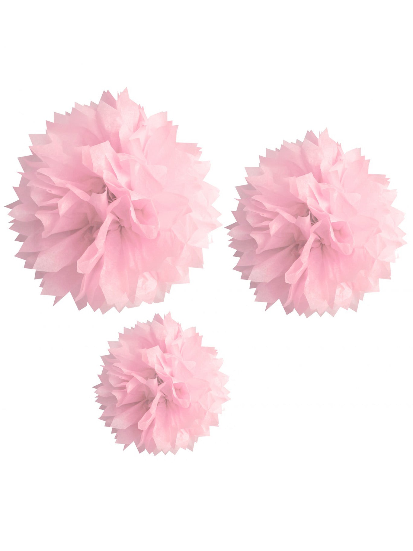 3 pompos de hârtie roz 20, 30 și 40 cm