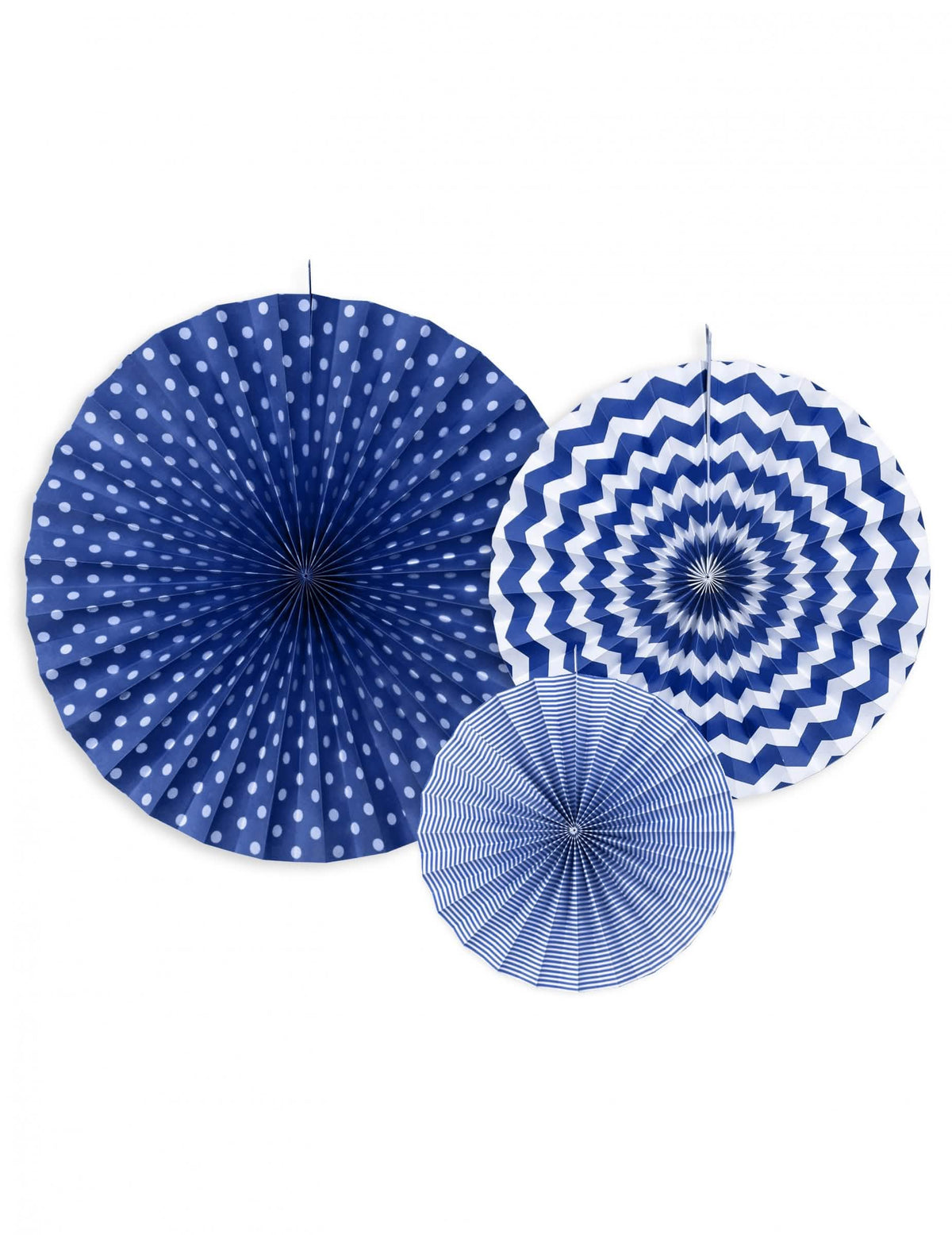 3 rosete din hârtie albastru marin cu motive pentru decor albastru marin cu buline și dungi