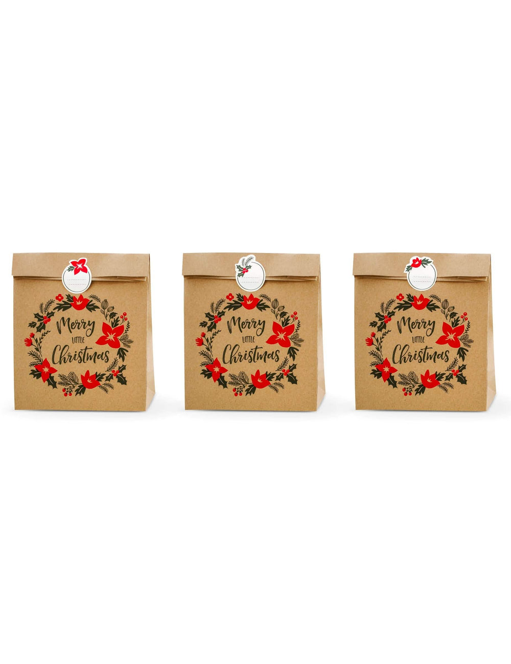 pungi cadou Merry little christmas pentru crăciun din kraft șaten cu stickere