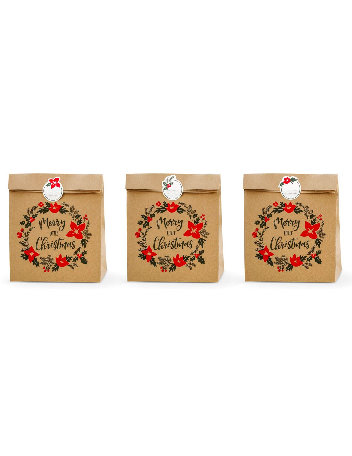 pungi cadou Merry little christmas pentru crăciun din kraft șaten cu stickere
