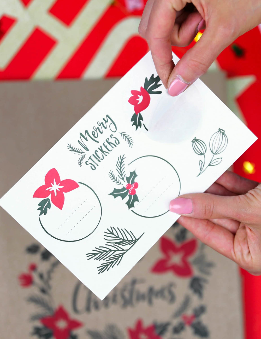 Detaliu al planșei de stickere pentru pungile cadou Merry little crăciun pentru crăciun